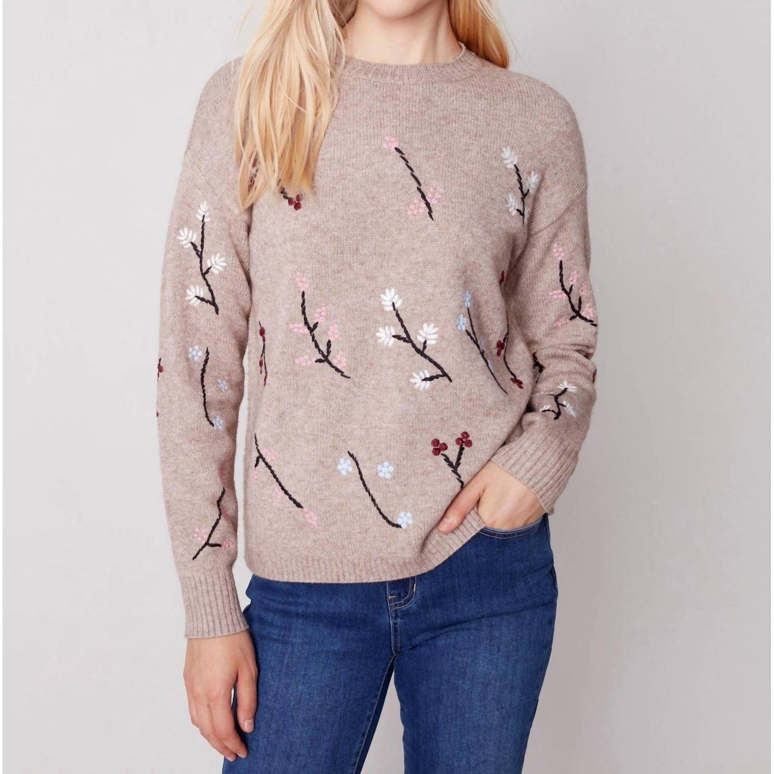 New Charlie B Embroidered Round Neck Sweater In Almond